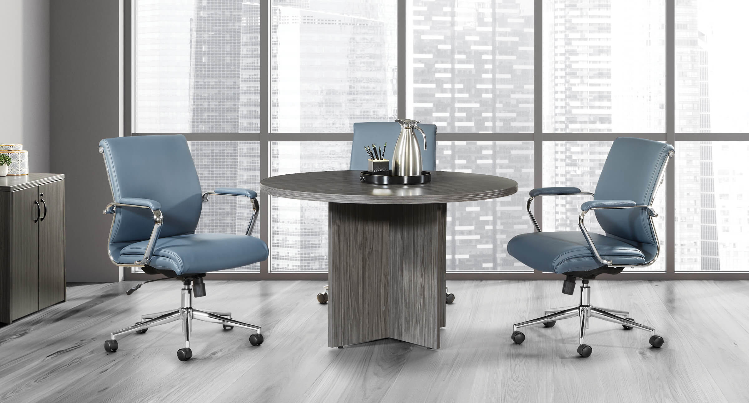 Conference room tables meeting tables contemporary round table slate urban walnut view 3 1