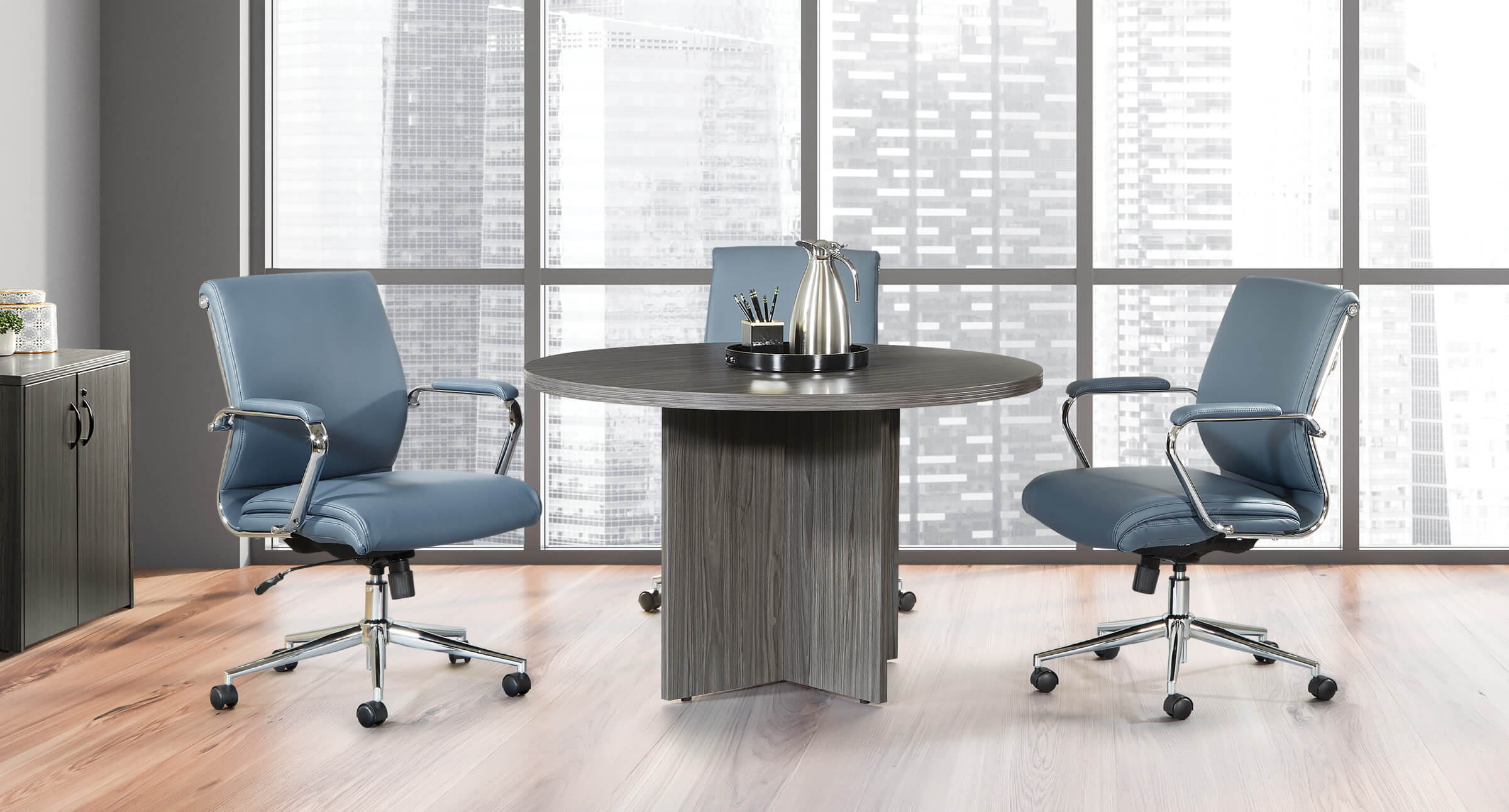 Conference room tables meeting tables contemporary round table urban walnut space view 2 1