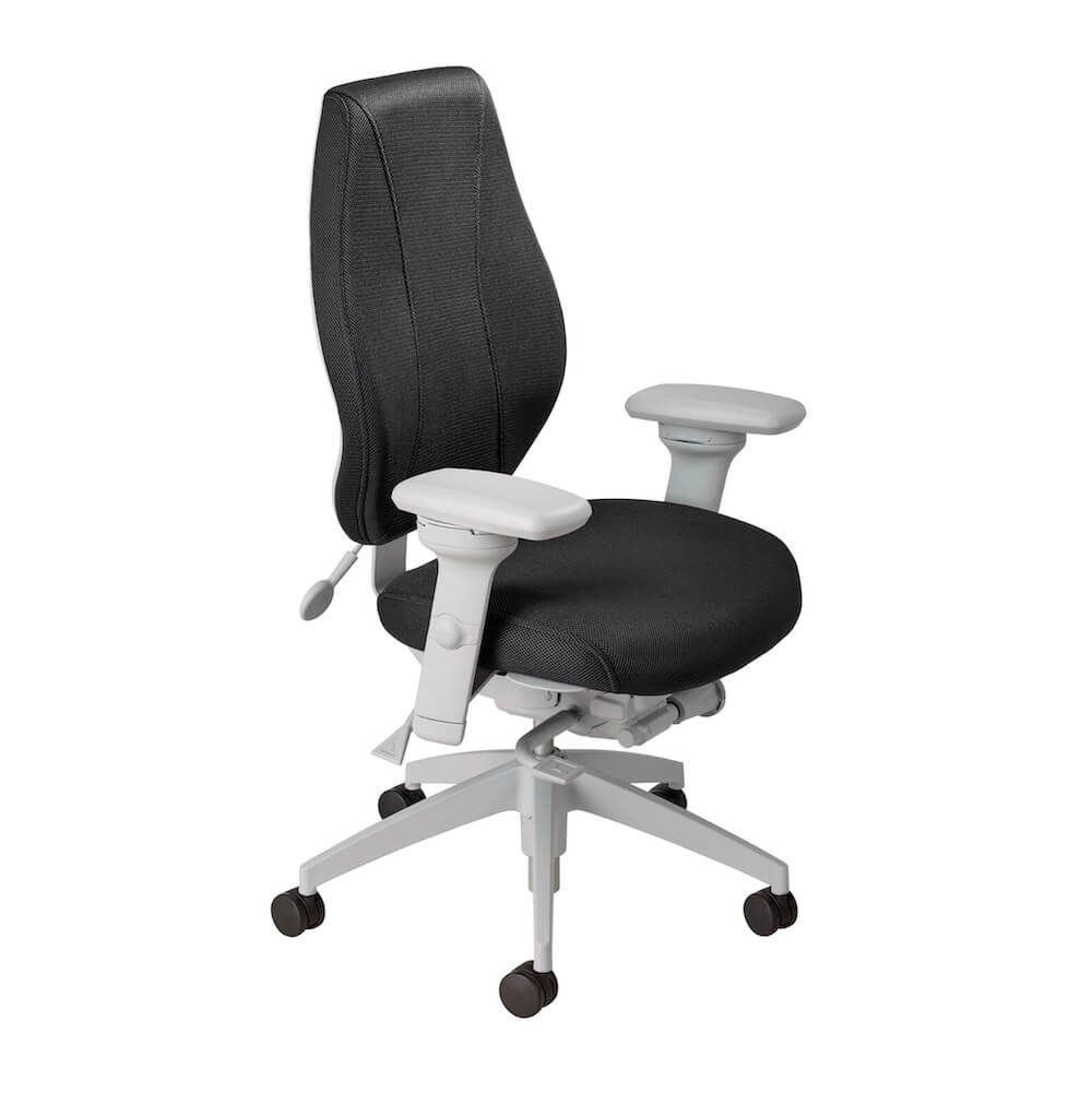 Office furniture chairs office desk chairs high back office chair ergonomic light gray frame and black fabric angle view