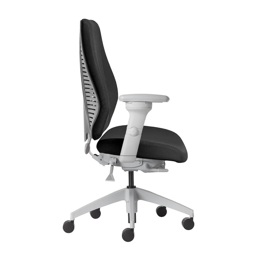 Office furniture chairs office desk chairs high back office chair ergonomic light gray frame and black fabric side view