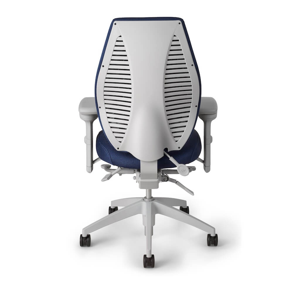 Office furniture chairs office desk chairs high back office chair ergonomic light gray frame and navy fabric back view