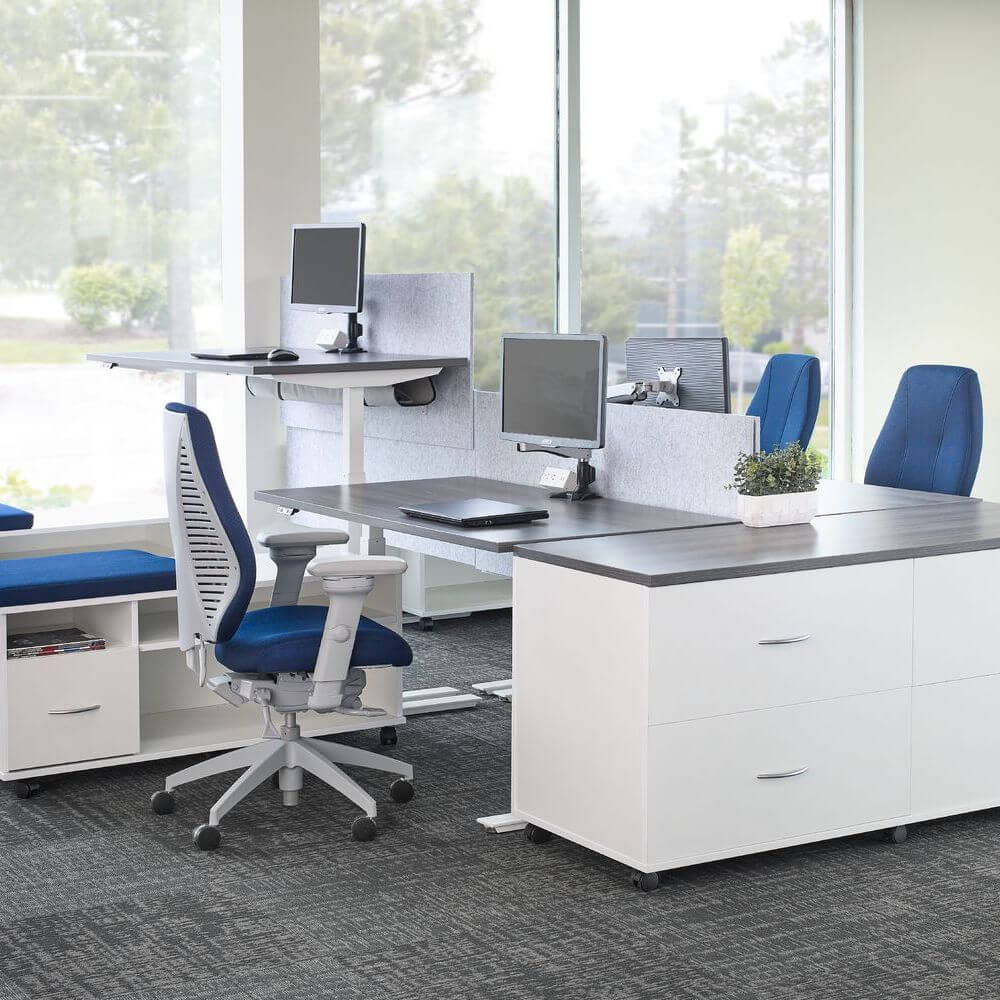 Office furniture chairs office desk chairs high back office chair ergonomic light gray frame and royal fabric workspace view