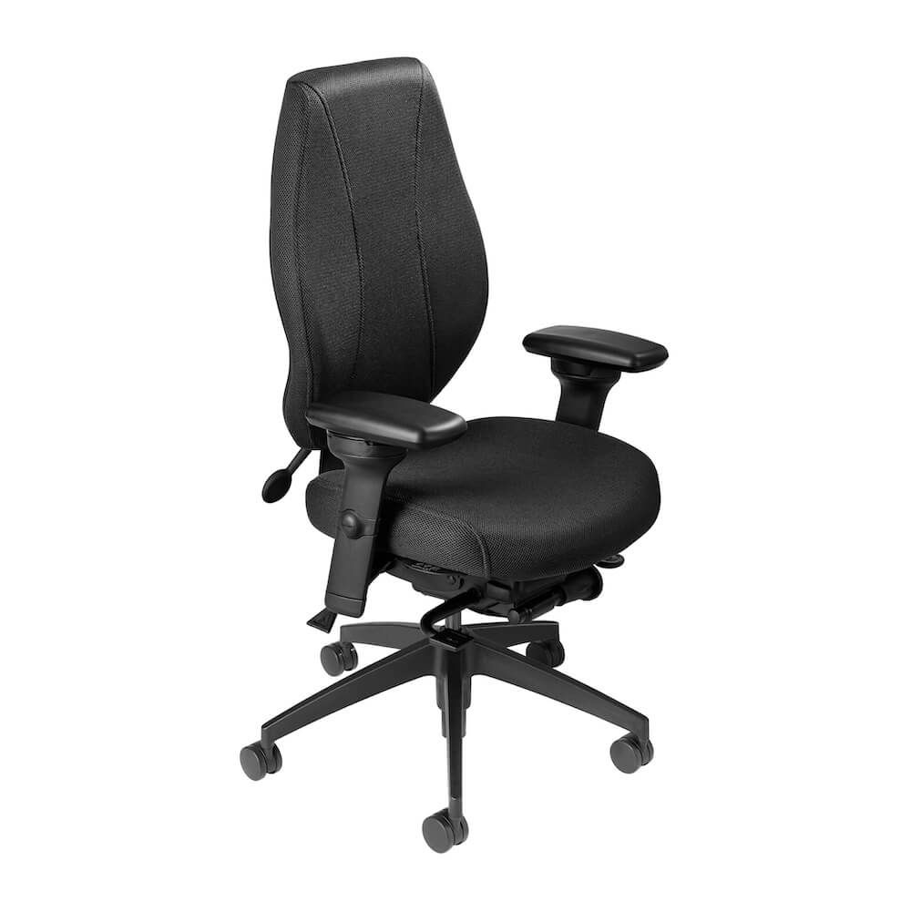 Office furniture chairs office desk chairs high back office chair ergonomic midnight black frame and black fabric angle view