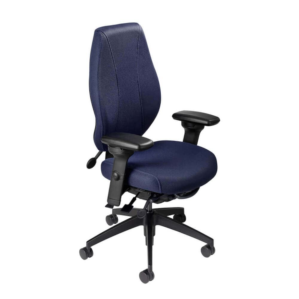 Office furniture chairs office desk chairs high back office chair ergonomic midnight black frame and navy fabric angle view