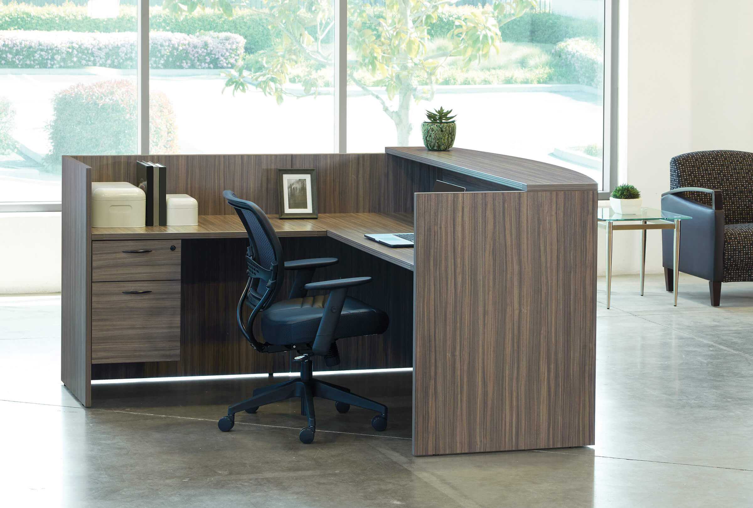 Office reception desk straight reception desk contemporary office reception desk urban walnut internal view 2