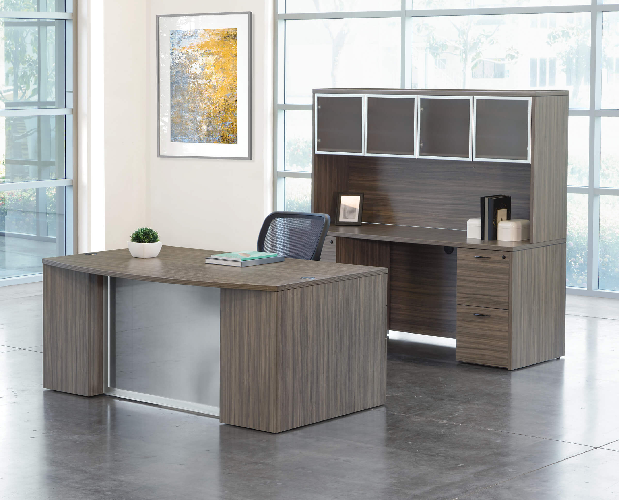 Straight office desk straight desk with hutch modern office desk set modern office desk set urban walnut space view 1