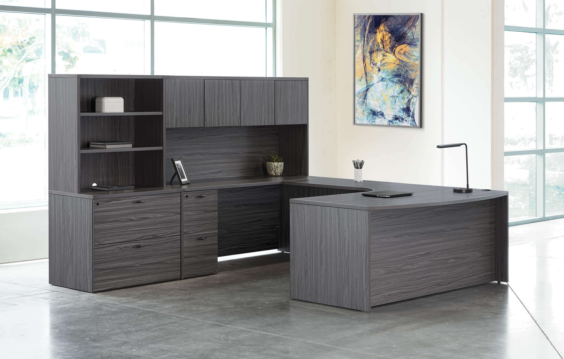 U shaped desk u shaped desk with hutch modern u shaped with hutch slate grey space view 1